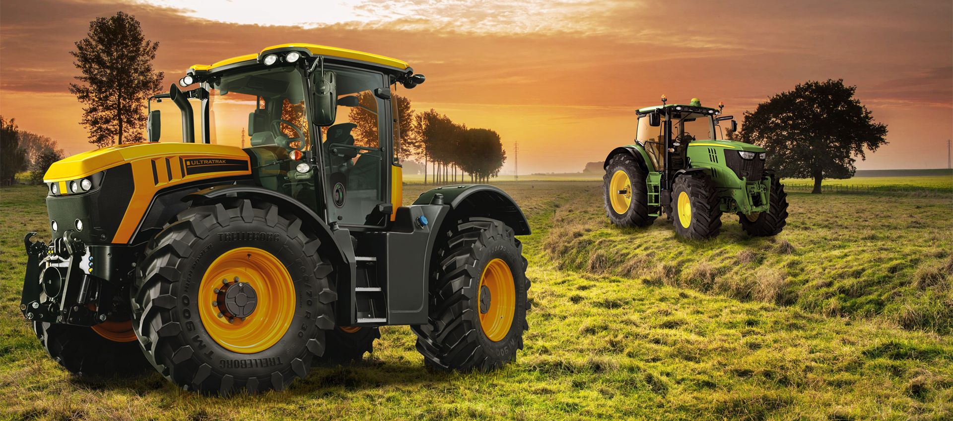 Twin tractors in field at dawn